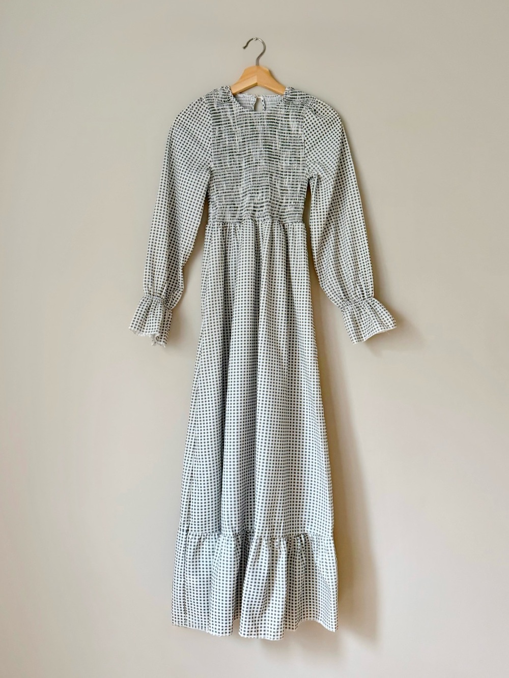 Smocked Long Sleeve Olive Green and Cream Gingham Maxi Dress